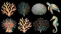 Colorful coral reef elements including branching corals, sea turtle, and seahorse isolated on transparent background, ready for t-shirt design, clipart, stickers, and print-on-demand projects.