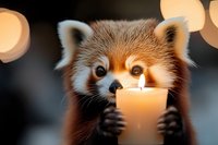 Adorable red panda cub holding glowing candle with warm bokeh lights creating magical atmosphere for holiday greeting cards and cozy winter designs.