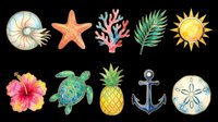 Tropical beach and ocean themed watercolor elements isolated on transparent background, ready for t-shirt design, clipart, stickers, sublimation and print-on-demand projects.
