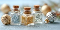 Small glass bottles with cork stoppers filled with golden glitter and decorative elements on light surface with festive ornaments in soft focus background.