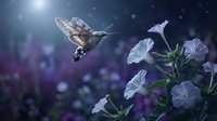 Hummingbird hawk-moth hovering near white petunias in dreamy twilight garden with bokeh lights and purple background creating magical atmosphere.