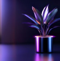 Glowing neon houseplant in metallic pot against dark background with purple and blue lighting effects creating futuristic minimal aesthetic atmosphere.
