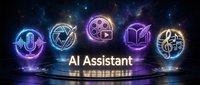 Futuristic AI assistant concept with glowing neon icons for audio, photography, video, design and music on cosmic background with holographic platform display.
