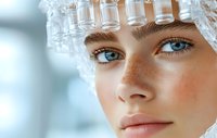 Close up portrait of young woman with bright blue eyes and natural freckles wearing creative glass headpiece against light background. Beauty concept.