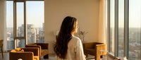Young professional woman with long dark hair in white blazer standing by floor-to-ceiling windows overlooking city skyline at sunset in modern office.