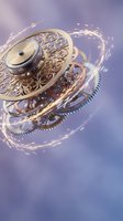 Golden clockwork mechanism with ornate gears spinning in motion blur against purple gradient background for time management and precision concepts.