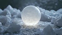Frozen soap bubble transforms into delicate ice sphere on snow surface, glowing with ethereal light against dark winter background. Perfect for winter magic concepts.