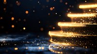 Glowing golden light trails with sparkling particles against dark background, creating magical atmosphere with bokeh effect and shimmering dust for festive designs.