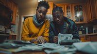 Young African American couple managing finances at home, reviewing bills and budget documents in kitchen, perfect for financial literacy and money management content.