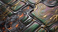 Abstract liquid metal surface with flowing organic patterns in green, purple and gold tones creating dynamic waves and ripples for modern design backgrounds.