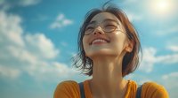 Young Asian woman wearing glasses smiling with eyes closed against blue sky with sunlight, expressing joy and freedom. Natural lifestyle portrait in orange attire.