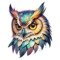 Colorful owl head with vibrant feathers in turquoise, purple, and orange tones on white background, fierce expression and detailed plumage design for creative projects.