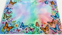 Colorful butterflies and flowers frame with pastel rainbow watercolor background for spring design projects and nature-themed decorations.