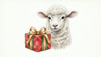Adorable white lamb with fluffy wool holding red gift box with golden ribbon bow isolated on transparent background for holiday designs and greeting cards.