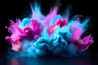 Vibrant explosion of pink and blue powder paint creating dynamic cloud formations against black background, with dramatic lighting and smoke effects.