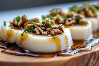 Silky tofu appetizers topped with crunchy walnuts, fresh herbs and drizzled soy sauce on white ceramic plate. Asian fusion cuisine close up with selective focus.