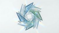 Abstract geometric crystal formation with translucent blue and green faceted surfaces creating spiral pattern on white background for modern design.