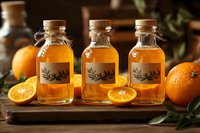 Glass bottles with orange-infused liquid and botanical labels on wooden tray, surrounded by fresh citrus fruits and green leaves in warm ambient lighting.