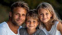 Happy father with two children smiling outdoors in natural lighting. Family portrait showing dad with son and daughter enjoying quality time together.