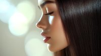 Side profile portrait of young Asian woman with glossy straight dark hair, glowing skin, and pink lips against soft bokeh background.