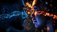 Digital particle portrait showing two faces in profile with glowing blue and orange light effects against dark background, representing artificial intelligence connection.