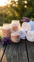 Lavender bath salt in glass jars with rolled towels and fresh lavender flowers on wooden surface outdoors at sunset, suitable for spa and wellness product marketing.