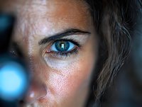 Close-up portrait of bright blue eye with dramatic lighting and bokeh effect, showing intense gaze and natural skin texture. Artistic macro photography.
