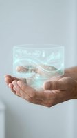Hands holding holographic smart home control panel with temperature and air quality sensors for modern automation technology and IoT applications.