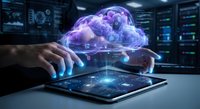 Hands interacting with holographic purple cloud computing interface above digital tablet in modern data center server room for technology solutions.