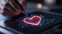 Digital heart shape glowing on tablet screen with network connections and stylus pen interaction, modern technology concept for healthcare and romance applications.