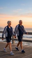 Happy senior couple walking together on wooden boardwalk at sunset beach wearing matching athletic wear during golden hour exercise routine.