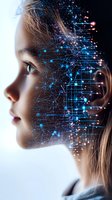 Profile of young woman with digital network pattern overlay dissolving into glowing particles and lines, representing artificial intelligence and technology.