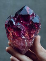 Deep red crystal cluster with purple and pink hues held against gray background, showcasing natural mineral formation with faceted surfaces.