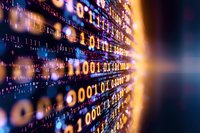 Binary code data stream with glowing numbers in blue and orange colors against dark background, digital technology concept for cybersecurity and programming.