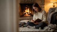 Young woman reading book by cozy fireplace in warm living room during winter evening creating peaceful atmosphere for relaxation and leisure time.
