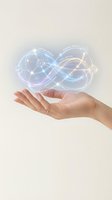 Female hand presenting holographic infinity symbol with glowing network connections and digital interface elements for technology concepts.