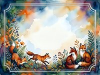 Watercolor woodland frame with foxes and forest plants creating decorative border for autumn nature designs and seasonal greeting cards.