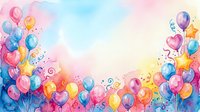 Colorful balloons and confetti floating on soft watercolor background with pastel pink, blue, and yellow tones, ideal for celebrations, invitations, and festive designs.
