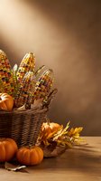 Autumn harvest basket with colorful corn, pumpkins and fall leaves on wooden table with warm brown background for seasonal decorating and thanksgiving.