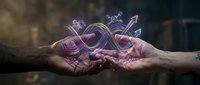 Hands holding glowing infinity symbol with magical energy streams and particles, representing eternal connection, partnership and unlimited possibilities.