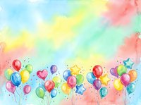 Colorful balloons and stars floating against soft watercolor gradient background in pastel tones. Suitable for celebrations, greetings, and festive designs.