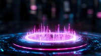 Futuristic circular hologram platform with glowing pink and blue light effects creating digital city skyline visualization on dark background.