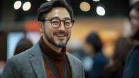 Smiling Asian businessman wearing glasses and turtleneck sweater with grey blazer in office environment with blurred bokeh background, expressing confidence and success.