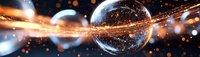 Glowing glass spheres with light trails and sparkles against dark background create magical atmosphere with bokeh effect and reflective surfaces.