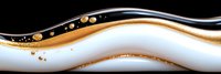 Elegant flowing waves in black, white and gold with sparkling particles create dynamic abstract background design for luxury branding and presentations.