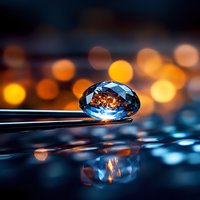 Crystal water drop on metal surface reflects warm bokeh lights against dark blue background, creating magical macro photography effect with reflection.