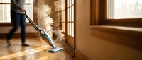 Man using steam mop cleaning hardwood floors in bright sunlit room with wooden window frames for household maintenance and hygiene.