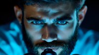 Young bearded man with intense blue eyes illuminated by dramatic cyan lighting from below, creating mysterious and moody atmosphere for creative portrait photography.
