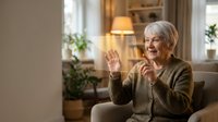 Senior Caucasian woman with gray hair waving and smiling during video call at home, sitting on couch in cozy living room with warm lighting for remote communication.