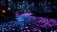 Magical forest path illuminated by glowing blue and purple lights creating ethereal atmosphere at night, mystical woodland scene with luminous particles on ground.